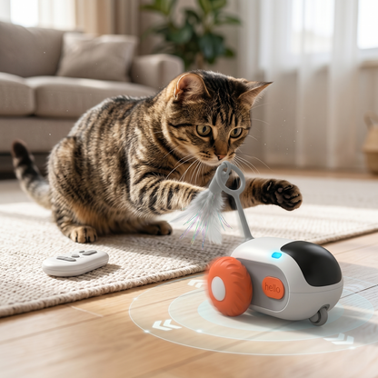 Juguete Interactivo para Gatos – Coche Teledirigido con Plumas